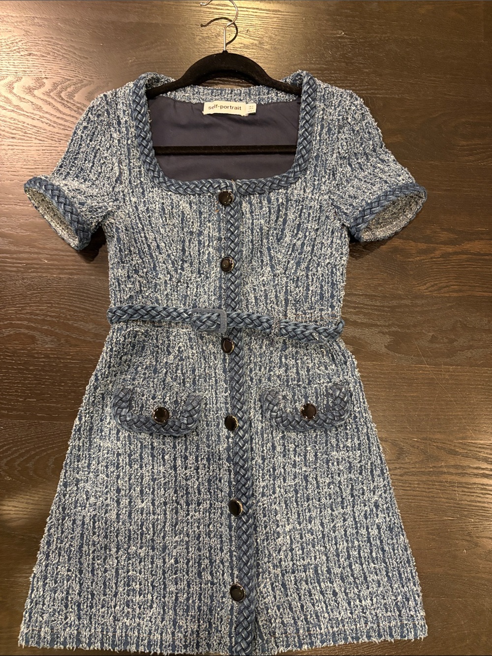 Self-Portrait Light Blue Tweed Braided-Trim Mini Dress